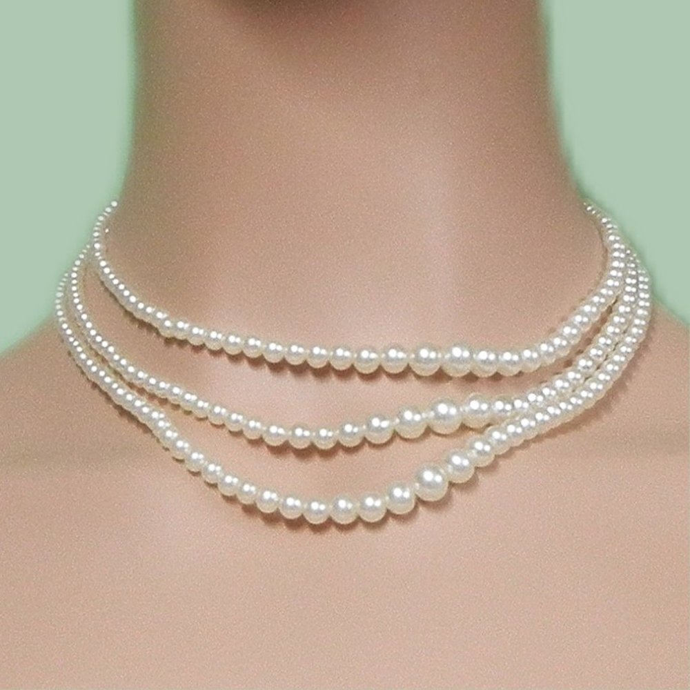 Vintage Cream 3 Strand Bead Fashion Necklace/ Choker w/ Gold Colored Hoo…
